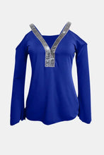 Blue Cold Shoulder Top with Silver Jeweled Trim Woman T Shirts