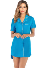 Blue Cotton Nightgown with White Trim Short Sleeve Button-Down Dress Sleep Dresses
