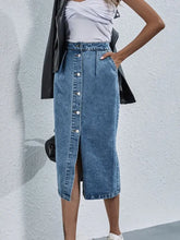 Blue Denim Button-Front Midi Skirt with Pockets and Slit Woman Skirts