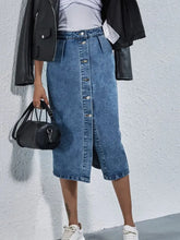 Blue Denim Button-Front Midi Skirt with Pockets and Slit Woman Skirts