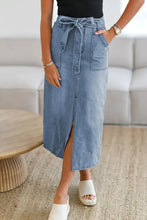Blue Denim Midi Skirt with Tie Waist and Pockets Medium Woman Skirts