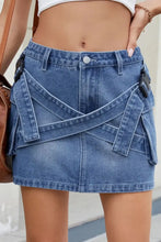 Blue Denim Mini Skirt with Cargo Pockets and Crisscross Straps Woman Skirts