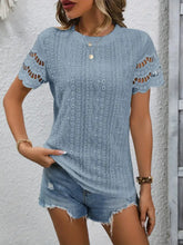 Blue Eyelet Embroidered Short Sleeve Top for Women Light Blue Woman T Shirts