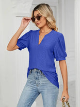 Blue Eyelet Puff Sleeve Blouse for Women Woman T Shirts