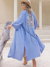 Blue Floral Embroidered Kimono Swimwear Cover Up Swimwear Cover-Ups