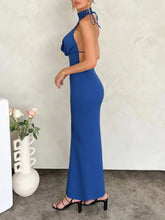 Blue Halter Neck Evening Gown with Slit and Backless Design Evening Dresses