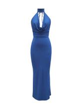 Blue Halter Neck Evening Gown with Slit and Backless Design Evening Dresses