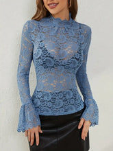 Blue Lace Bell Sleeve Long-Sleeve Top for Women Dusty Blue Woman T Shirts