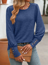 Blue Long Sleeve Knit Top with Decorative Button for Women Woman T Shirts