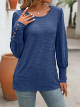 Blue Long Sleeve Knit Top with Decorative Button for Women Woman T Shirts