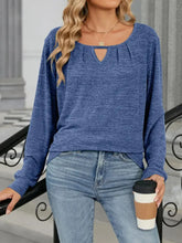 Blue Long Sleeve Knit Top with Keyhole Neckline Dusty Blue Woman T Shirts