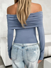 Blue Off Shoulder Long Sleeve Stretch Top Woman T Shirts