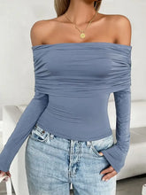 Blue Off Shoulder Long Sleeve Stretch Top Woman T Shirts