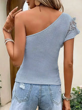 Blue One-Shoulder Ruffled Top with Woven Belt Woman T Shirts