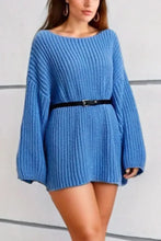 Blue Oversized Knit Sweater Dress with Black Belt Woman Sweater Dresses