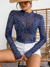 Blue Paisley Mesh Top for Women Dark Blue Woman T Shirts