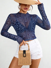 Blue Paisley Mesh Top for Women Woman T Shirts