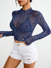 Blue Paisley Mesh Top for Women Woman T Shirts