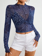 Blue Paisley Mesh Top for Women Woman T Shirts