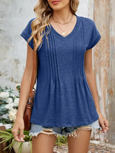 Blue Pleated V-Neck Short Sleeve T-Shirt for Women Dark Blue Woman T Shirts