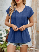 Blue Pleated V-Neck Short Sleeve T-Shirt for Women Woman T Shirts