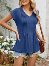 Blue Pleated V-Neck Short Sleeve T-Shirt for Women Woman T Shirts
