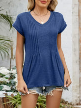 Blue Pleated V-Neck Short Sleeve T-Shirt for Women Woman T Shirts