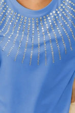 Blue Rhinestone Embellished Short Sleeve T-Shirt for Women Woman T Shirts