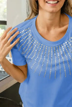 Blue Rhinestone Embellished Short Sleeve T-Shirt for Women Woman T Shirts