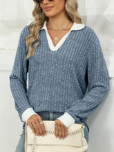Blue Ribbed Knit Sweater with White Collar and Cuffs French Blue Woman T Shirts
