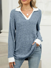 Blue Ribbed Knit Sweater with White Collar and Cuffs Woman T Shirts