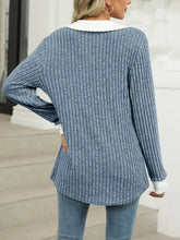 Blue Ribbed Knit Sweater with White Collar and Cuffs Woman T Shirts