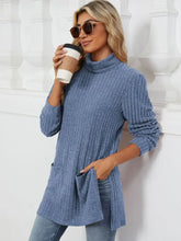 Blue Ribbed Turtleneck Tunic with Pockets for Women Dusty Blue Woman T Shirts