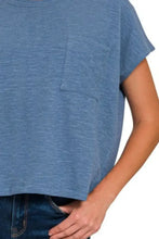 Blue Round Neck Short Sleeve Pocket Tee for Women Woman T Shirts