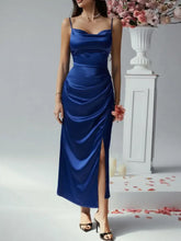 Blue Satin Maxi Slip Dress with Thigh-High Slit Maxi Dresses