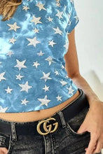 Blue Star Print Knit Crop Top with Plaid Tied Back Cut Woman T Shirts