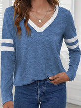 Blue V-Neck Long-Sleeved Shirt with White Stripes for Women Woman T Shirts