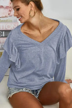 Blue V-Neck Ruffled Long Sleeve Top with Shoulder Shirring DENIM Woman T Shirts