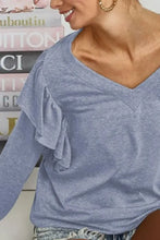 Blue V-Neck Ruffled Long Sleeve Top with Shoulder Shirring Woman T Shirts