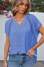 Blue V Neck Top with Eyelet Detail and Shoulder Cutouts Dusty Blue Woman T Shirts