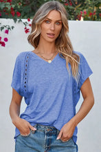 Blue V Neck Top with Eyelet Detail and Shoulder Cutouts Woman T Shirts