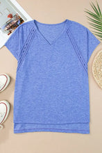 Blue V Neck Top with Eyelet Detail and Shoulder Cutouts Woman T Shirts