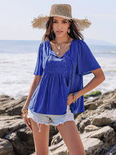 Blue Viscose Blouse with Lace and Ruched Detail for Women Woman T Shirts