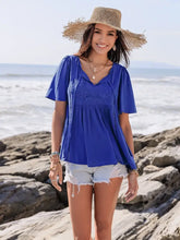 Blue Viscose Blouse with Lace and Ruched Detail for Women Woman T Shirts