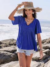 Blue Viscose Blouse with Lace and Ruched Detail for Women Woman T Shirts