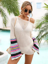 Boat Neck Open-Knit Cover-Up with Colorful Extra-Long Sleeves Cream Swimwear Cover-Ups