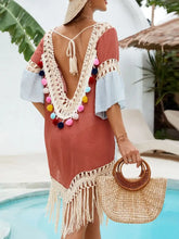 Boho Color Block Tassel Beach Cover Up with Pom Pom Trim Swimwear Cover-Ups