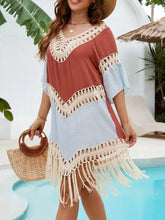 Boho Color Block Tassel Beach Cover Up with Pom Pom Trim Swimwear Cover-Ups