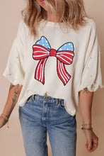 Bowknot Graphic Pearl Embellished Patriotic T Shirt for Women White Woman T Shirts