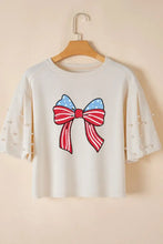 Bowknot Graphic Pearl Embellished Patriotic T Shirt for Women Woman T Shirts